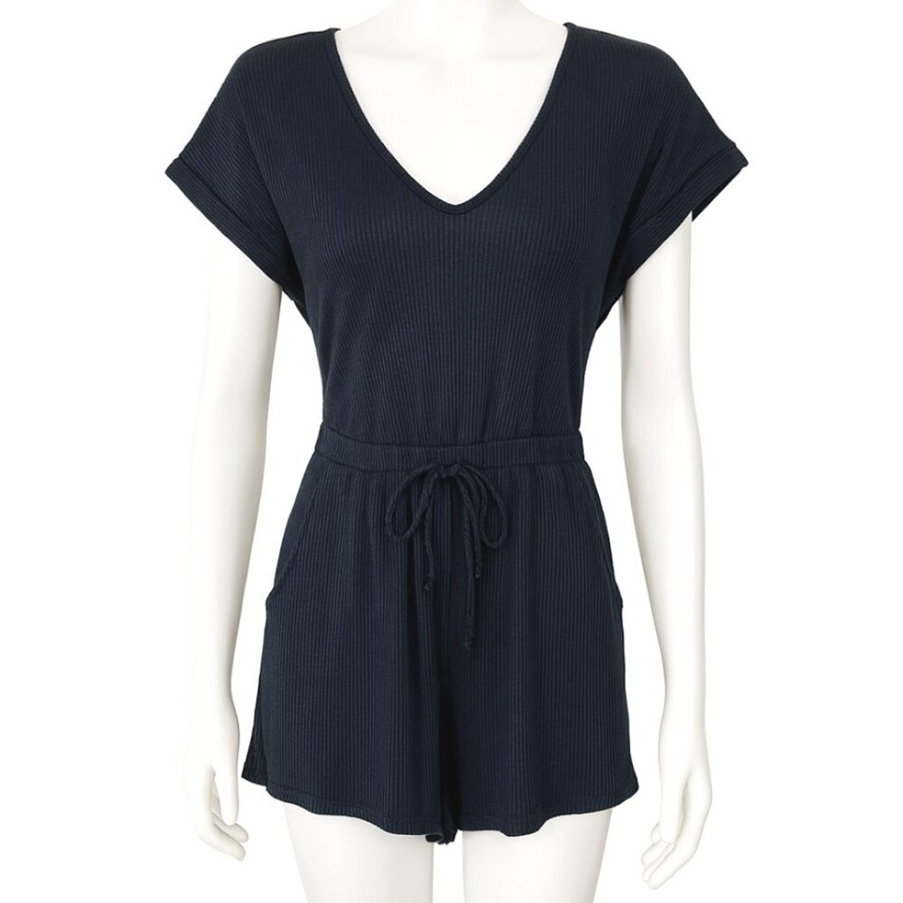 Vici Romper Womens Medium Black Ribbed Knit One Piece Shorts Comfy Minimalist